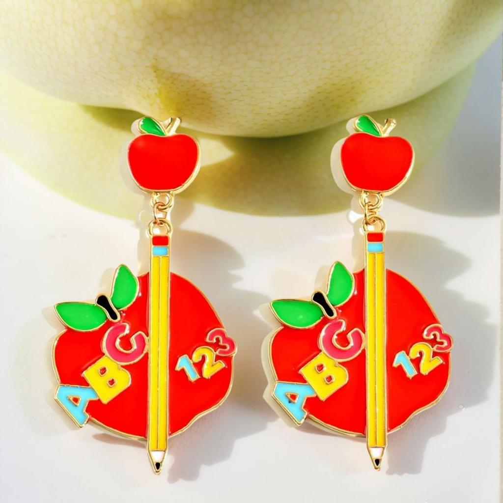 Metallic Apple Letter Pencil Earrings - Fashion Accessory for Back-to-School, Christmas & Halloween
