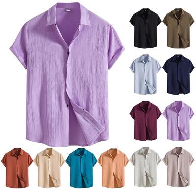 (Qunide) Men's Spring Summer Casual Solid Color Short Sleeve Shirt Loose Turn-down Collar Shirt