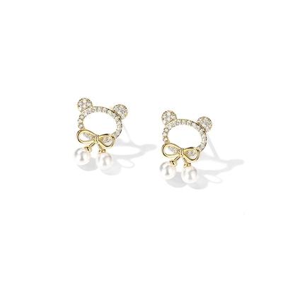 Hollow Bear Pearl Bow Stud Earrings for Women's New Trend Korean Style Temperament Earrings