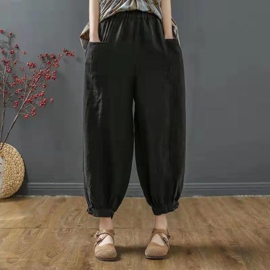 Lantern Pants Summer Elastic Waist Solid Color Cotton Linen Dual Pockets Ankle Length Loose Fit Women Harem Baggy Trousers Daily Wear