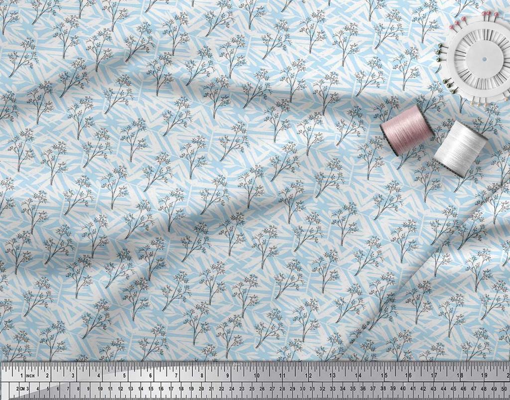 Soimoi Blue Poly Crepe Fabric Silhouette Branch Leaves Print Fabric by metre 42 Inch