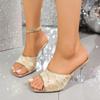 Fashion New High-heeled Shoes for Summer Wear Women's Stiletto Pointed Toe Open-toe Sequined Cloth Sandals and Slippers