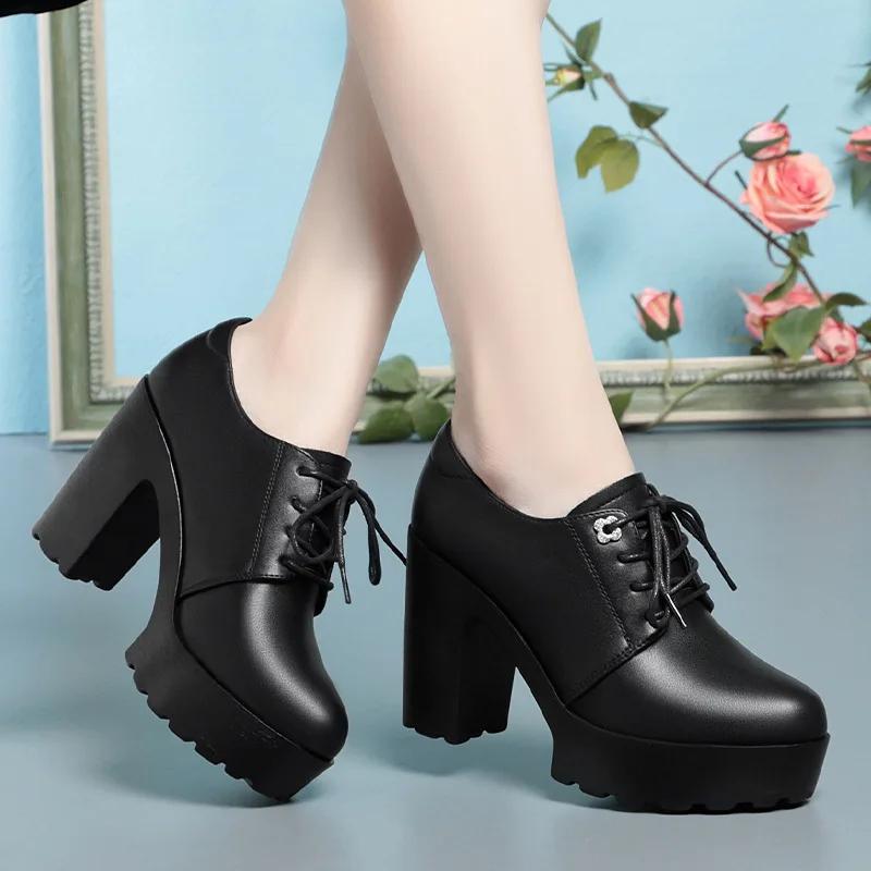 9.5cm British Style Soft Leather Chunky Platform Shoes 2025 Spring Block High Heels Shoes Women Oxfords for Office Model