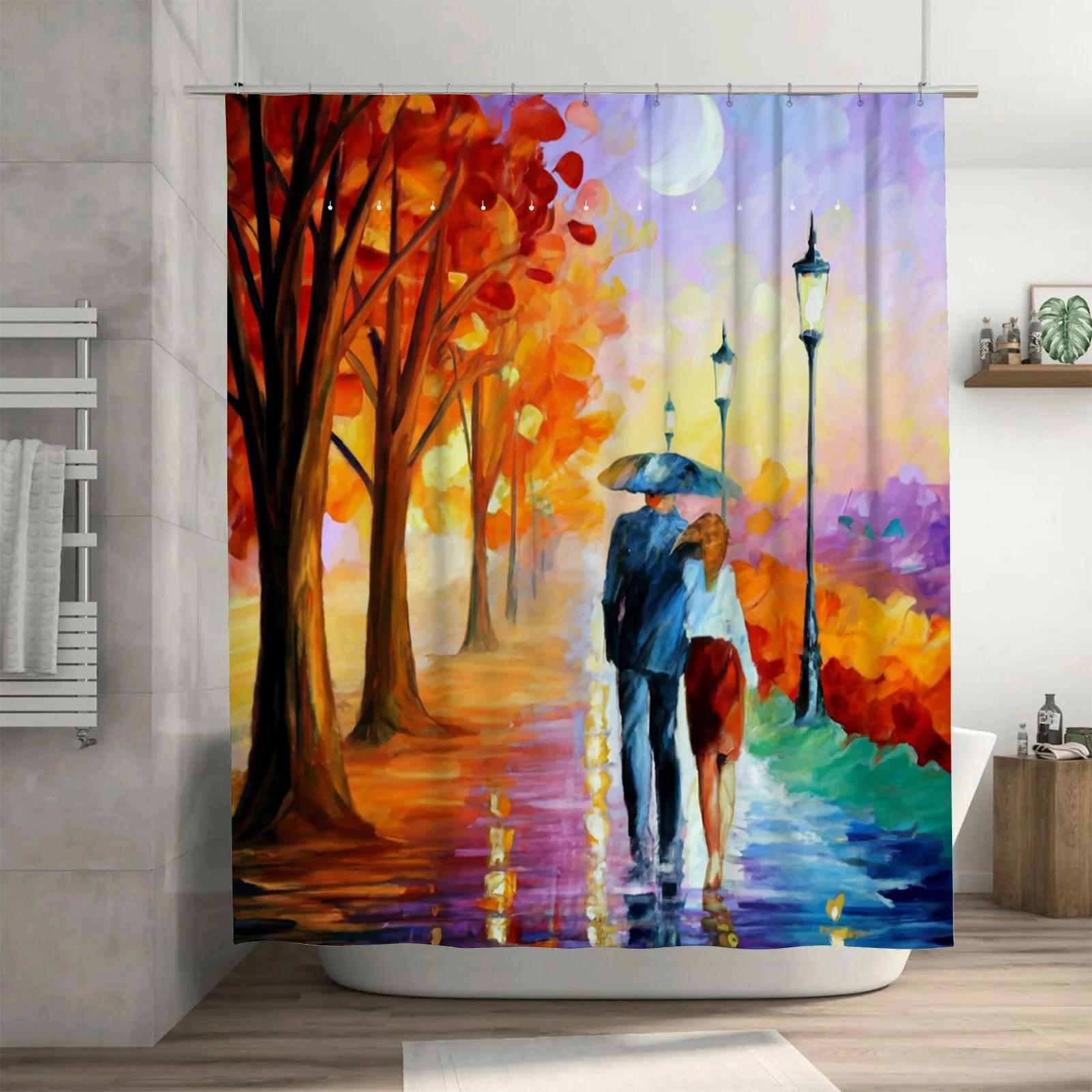 Romantic Couple Under Umbrella Waterproof Shower Curtain, Artistic Design for Bathroom Decor, Adds Warmth and Elegant Touch W90xH180cm