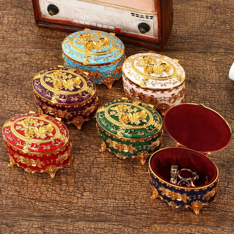 Mini Jewelry Storage Box Portable Oval Organizer European Style Necklace Case Alloy Storage Earrings Ring Dressing Table Display