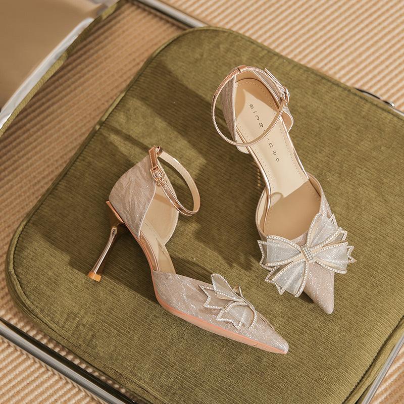 

8217-1 High heels women s 2025 new pointed crystal wedding shoes rhinestone bow thin heel shallow mouth single shoes 34