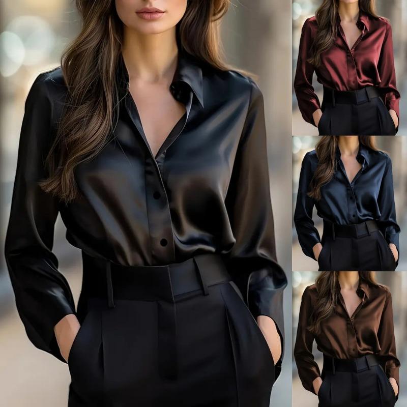 Damen S Langarm V-Ausschnitt Knopfleiste Einfarbig Elegante Bluse