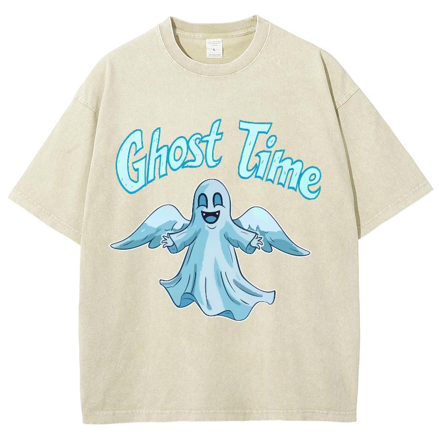 Blue Cartoon Ghost Print Women's T-Shirt Unisex Wash Cotton Crew Neck High Quality Short Sleeve Summer Basic Top