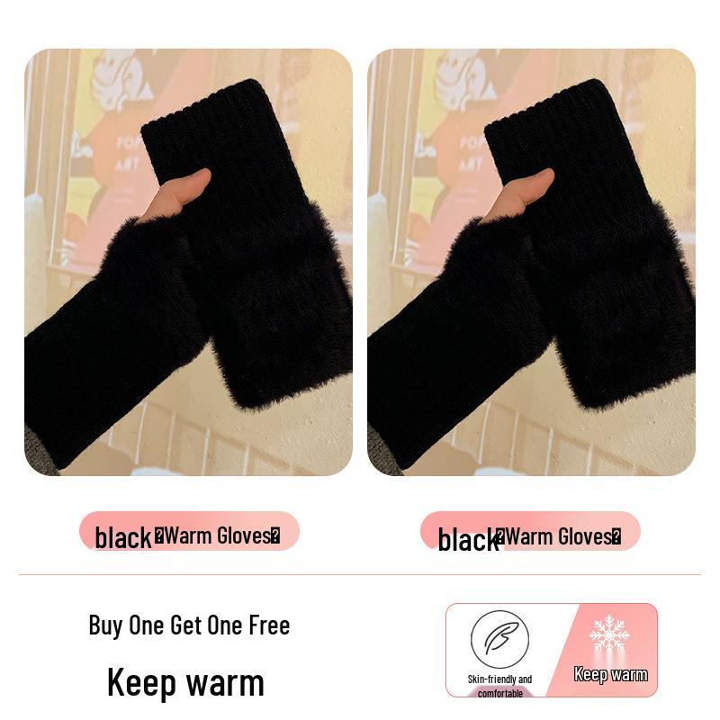 Women's Fleece-Lined Half-Finger Gloves: Cute, Thick Plush for Autumn & Winter; Ideal for Cycling & Cold Protection