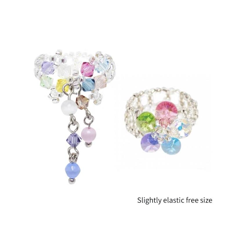 Fashionable Crystal Beaded Floral Rings Tassels Flower Rings Adjustable Finger Rings Jewelry Stylish Accessory for Women