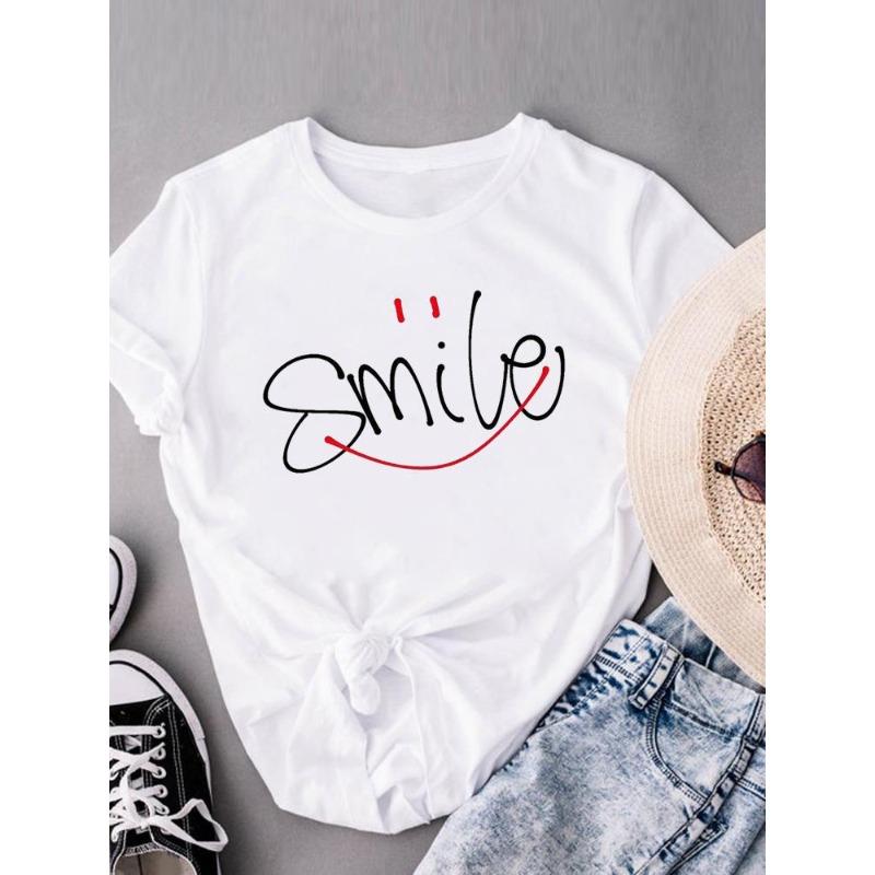 (European Size) Sweet Love Heart Women Tee Top Style Trend Cute Clothing Casual Short Sleeve Fashion Print Lady Tshirt Female Graphic T-shirts