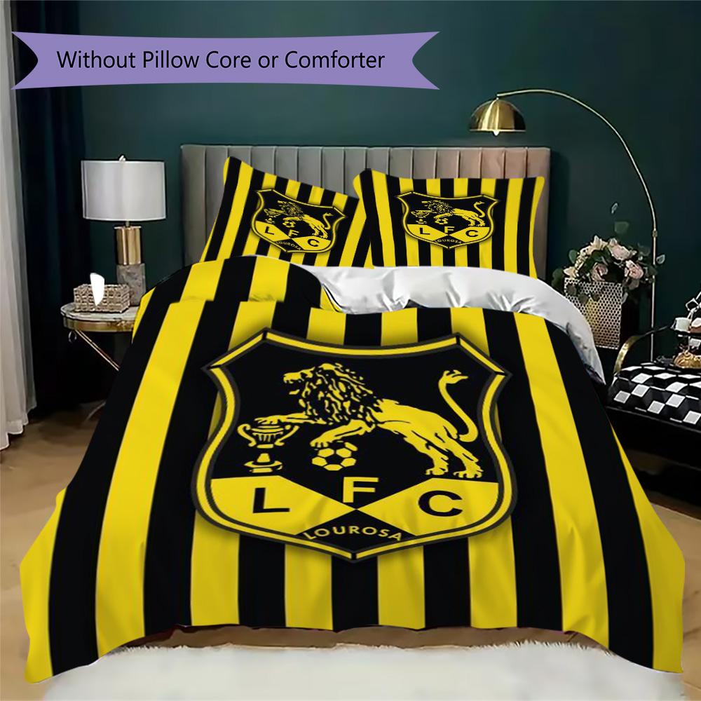 LFC Lourosa 3Pcs Bedding Set Black Yellow Vertical Stripe Lion Badge Print Duvet Cover 2 Pillowcases Football Fan Bedding