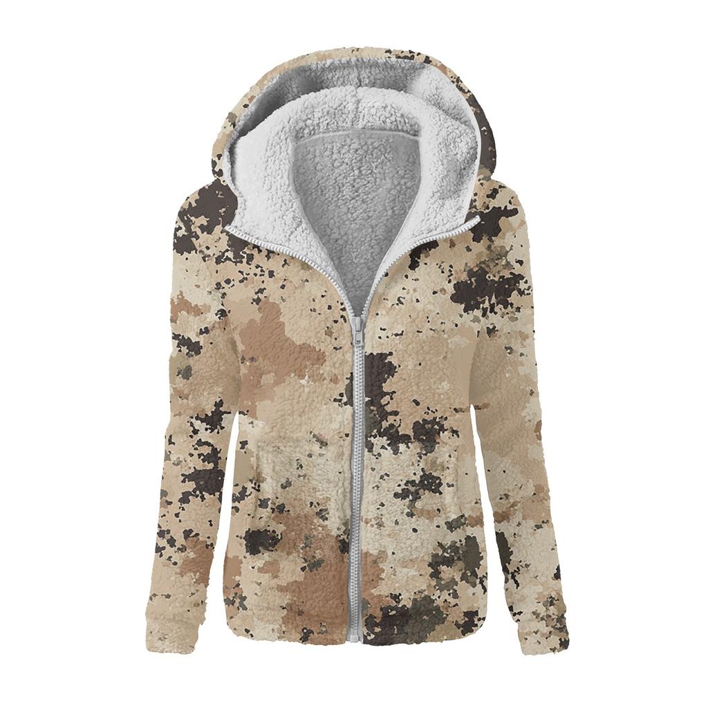 Women's Winter Camouflage Print Casual Fashion Plush Hooded Zipper Sweater Jacket