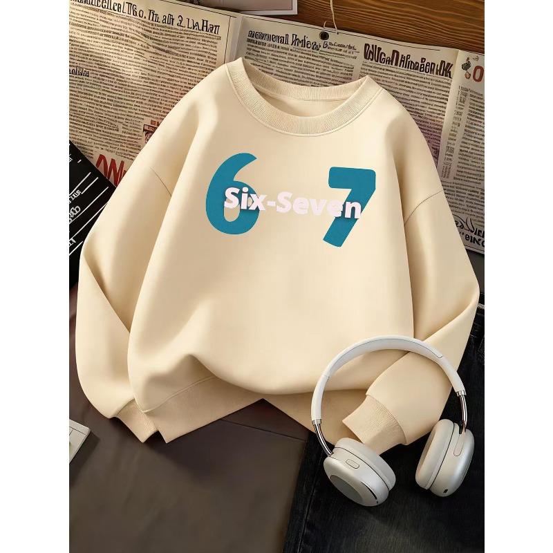 Children's clothing kids unisex Crew Neck Sweatshirt | Fashionable 67 Number Print, Casual Style, Slight Stretch Fabric, Regular Fit, Fall/Winter
