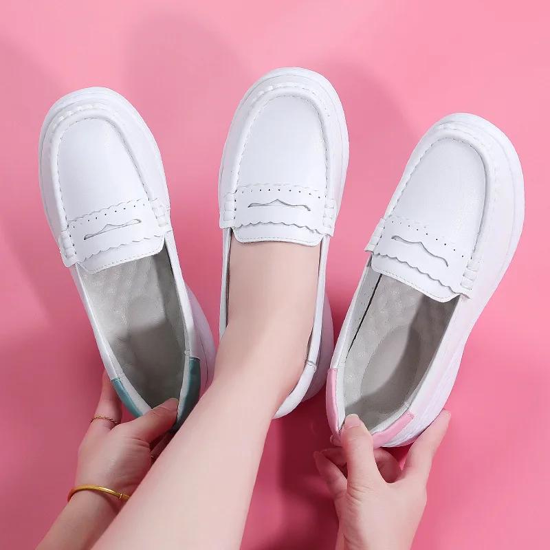 2025 White Genuine Leather Platform Loafers Women Nurse Shoes Round Toe Slip-on Thick Flats Breathable Soft Cowhide Chunky Mujer