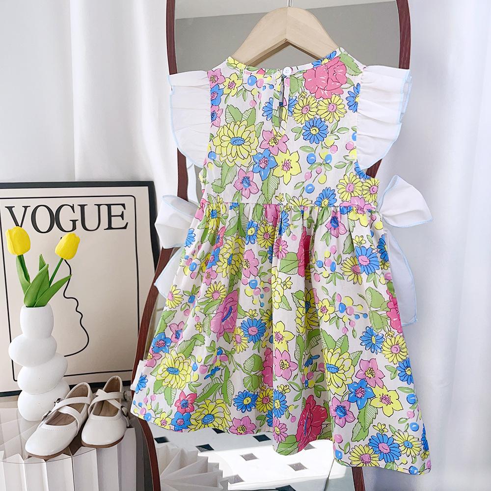 Summer Girls Floral Sleeveless Dress With Ruffles And Double Bows Printed Princess Party Dress For Kids