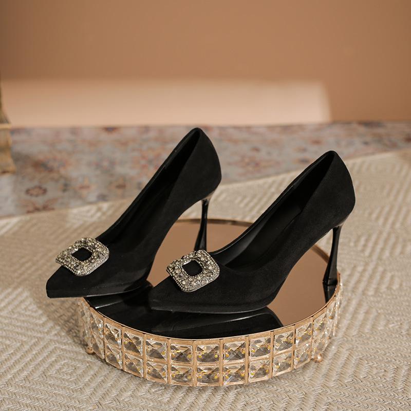 

Черные темпераментные туфли на высоком каблуке женские новые универсальные профессиональные рабочие туфли стразы квадратная пряжка водонепроницаемые туфли-стилеты на платформе 34