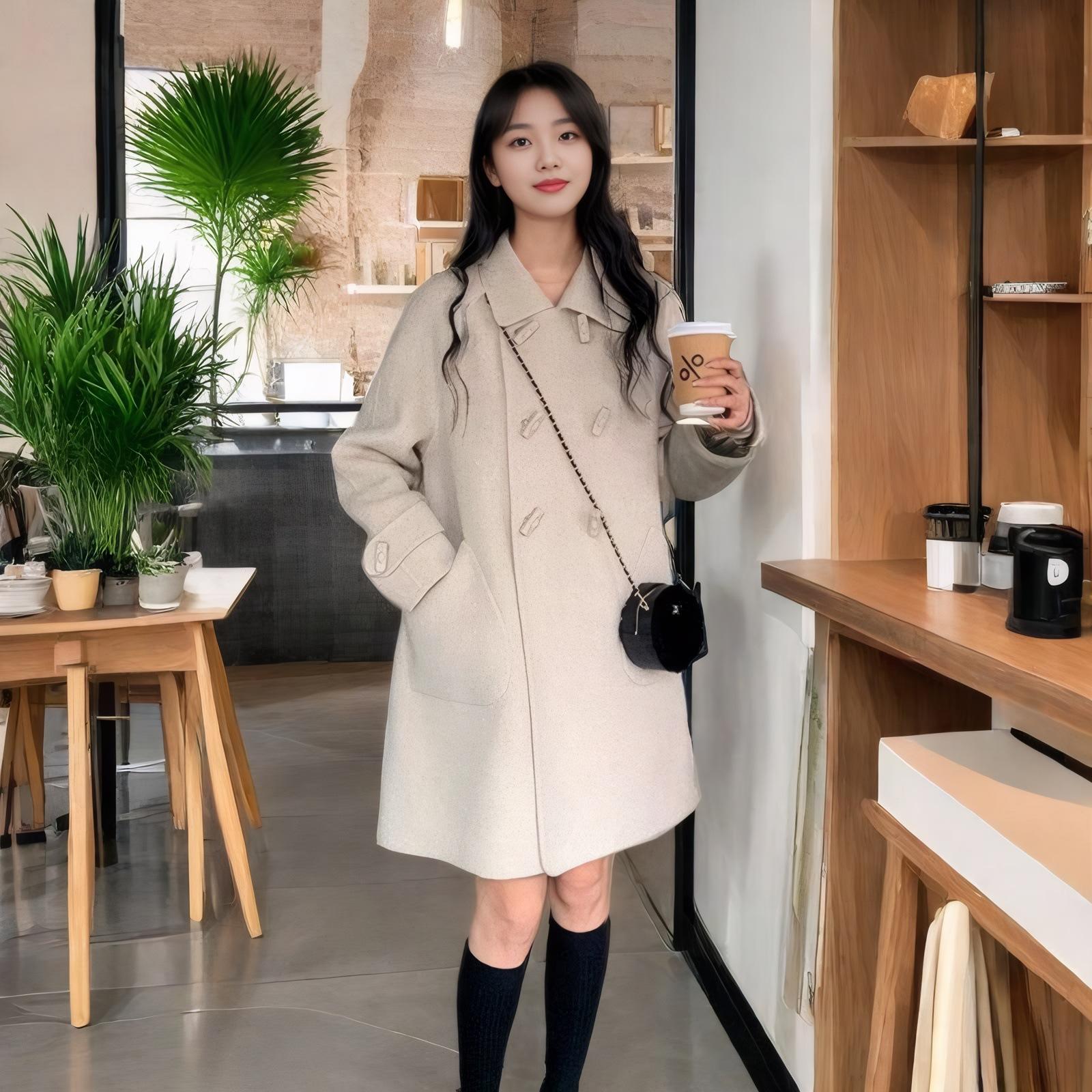 Updated Autumn and Winter Korean Relaxed Fit Coat for Womens Mid-length Double-breasted Small Relaxed Fit Wool Jacket S
