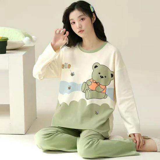 Women's Korean Smiley Face Cartoon Pajamas Set – Long-Sleeved Pullover & Trousers for Autumn/Winter
