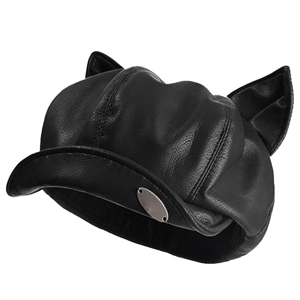 New Cat Ear Newsboy Hat Solid Color Casual Beret Hat PU Leather Personalized Peaked Cap Ladies Women Girls