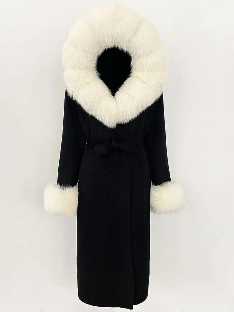 OFTBUY Winter Women Coat Real Natural Fox Fur Hooded Detachable Collar Double-faced Woolen Jacket Long Casual Elegant Overwears