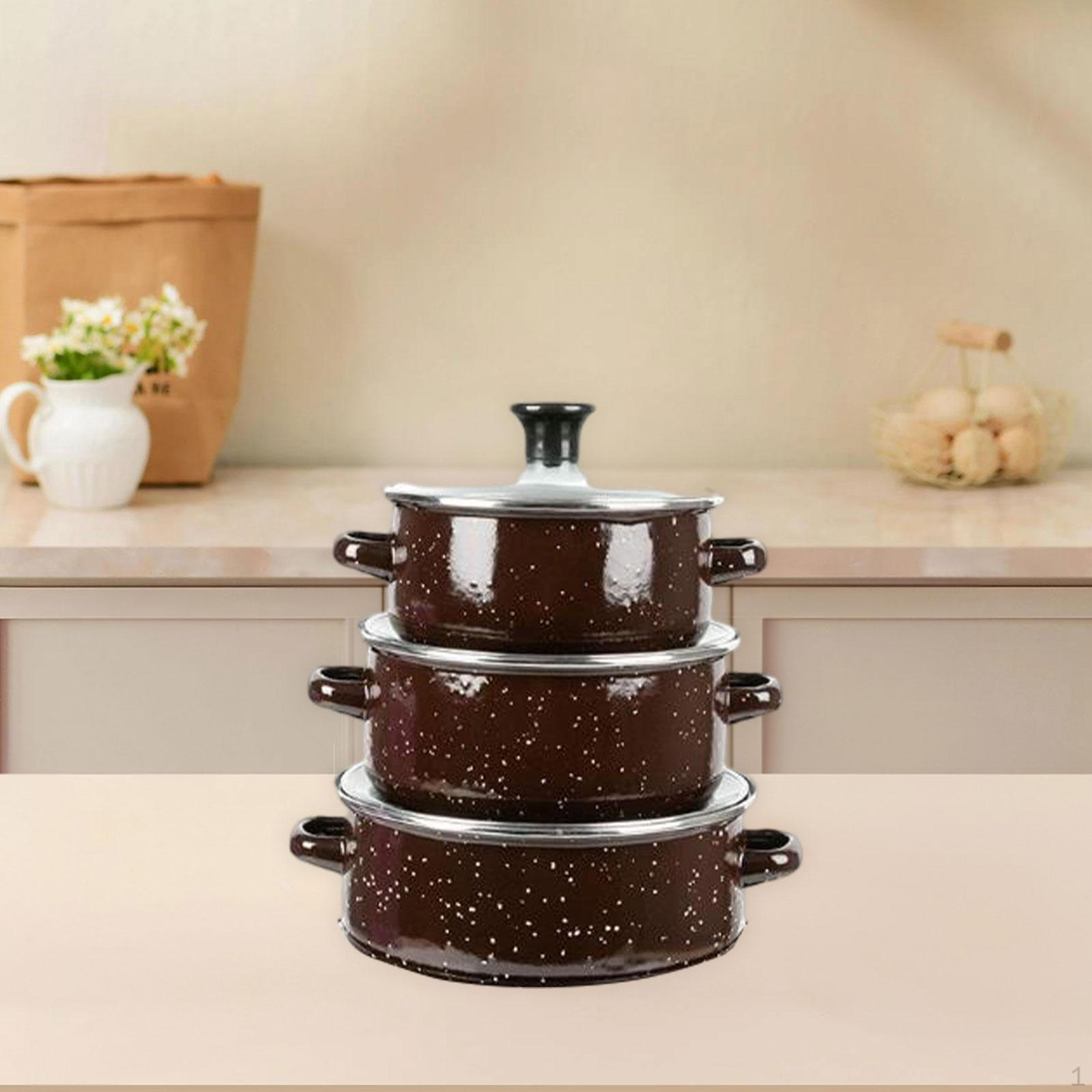 

3 Pack Enamel Stockpot with Lid for Versatile Cooking коричневий