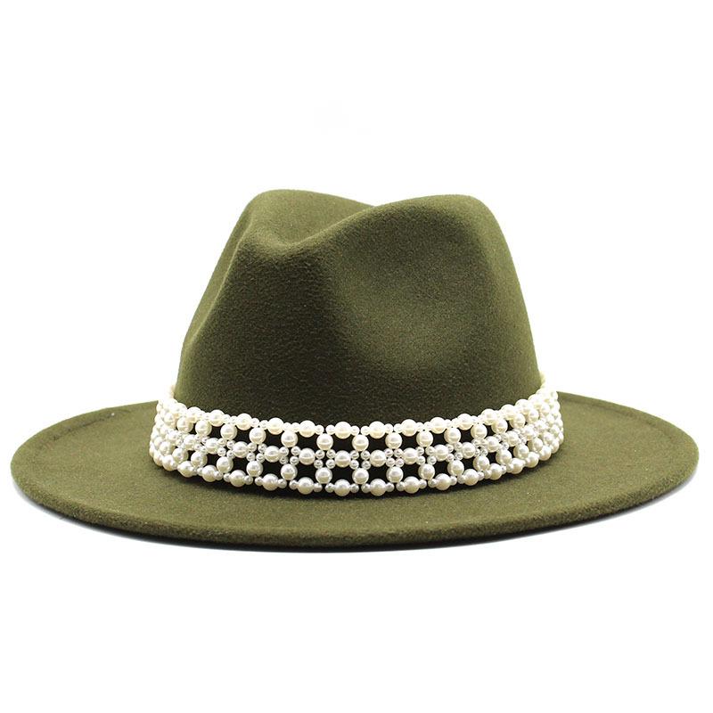 High-Grade Pearl Woolen Top Hat, Flat-Brimmed Big Eave Hat, Versatile Straight-Brimmed Jazz Hat