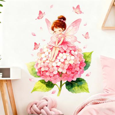 Adesivo Murale Fata dei Fiori, Grande Decalcomania Murale con Ortensia Rosa e Farfalla, Arte Murale Rimovibile per Stanza di Bambina, Camera da Letto, Asilo Nido, Sala Giochi
