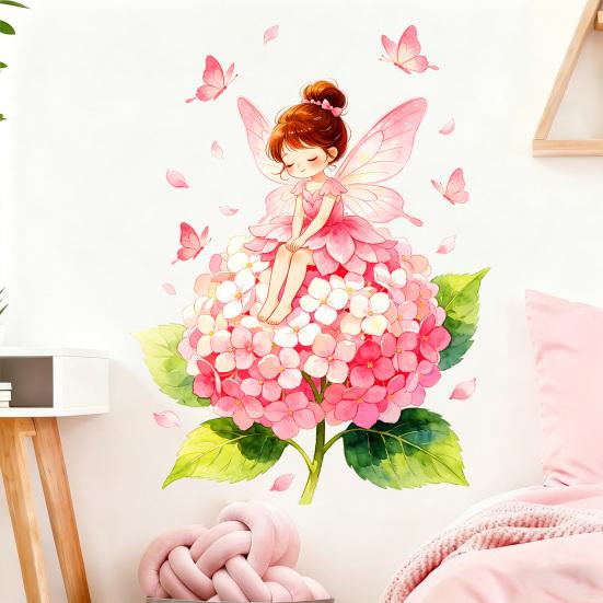 Flower Fairy Wall Sticker, Large Pink Hydrangea Butterfly Wall Decals, Peel And Stick Room Mural Art for Girls Room Bedroom Nursery Playroom