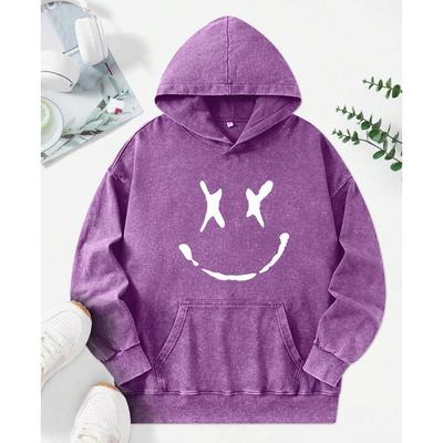 Kreative Lächeln Bedruckte Gewaschene Hoodies Damen Hip Hop Baumwolle Streetwear Herbstmode Kleidung Lässiger Kapuzenpullover