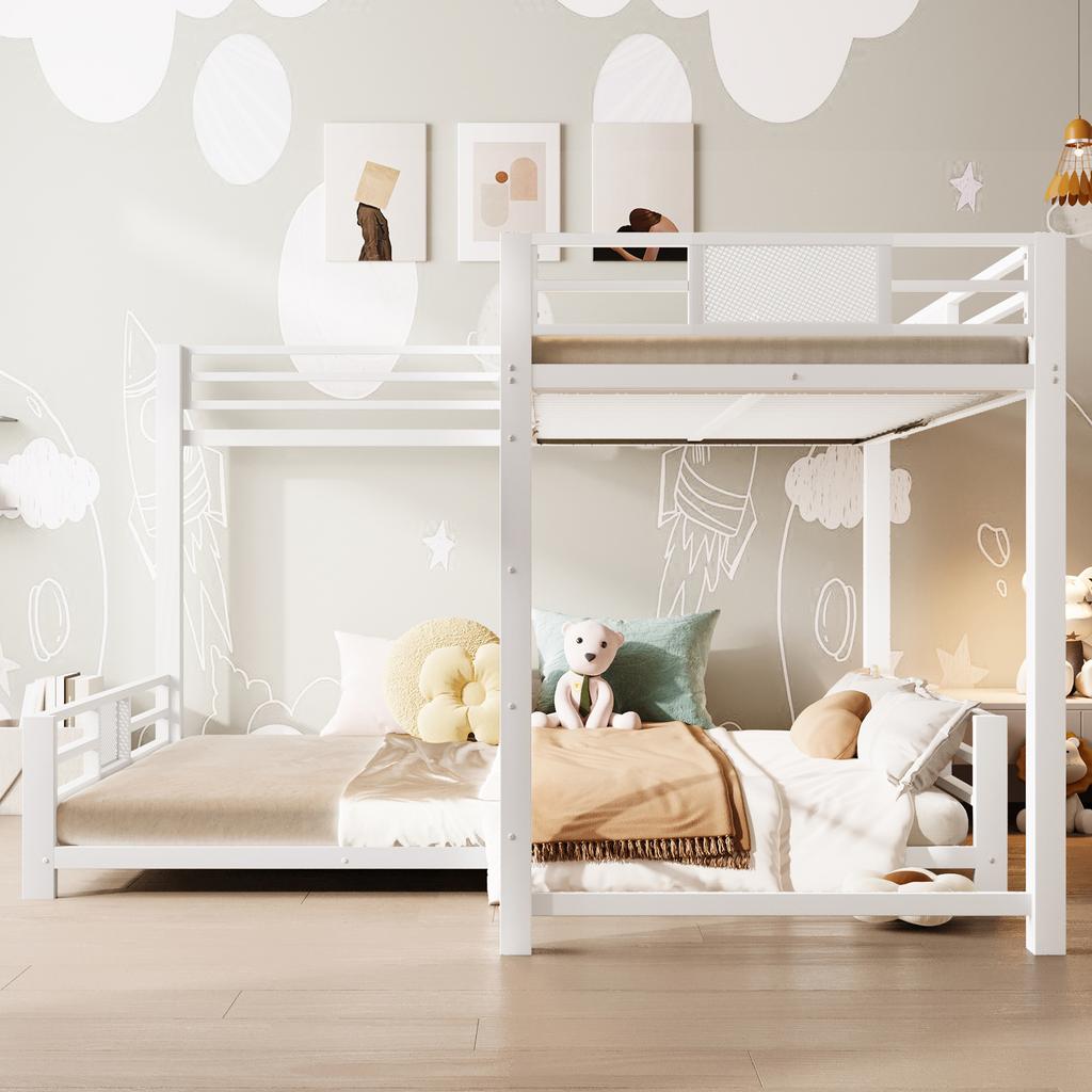 Letto a castello in metallo a L 90x200 sopra 140x200, Bianco