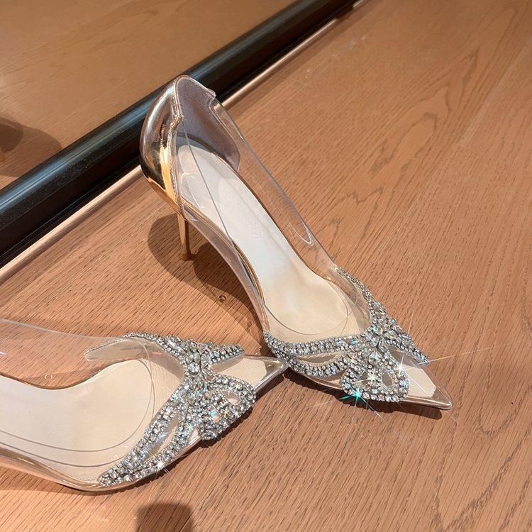 High heels spring new rhinestone butterfly pointed tip thin heel transparent crystal shoes French celebrity single shoes silver wedding shoes