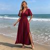 Women's Summer V Neck Maxi Dress, Short Sleeve Flowy A-line Slit Long Dress, Formal Wedding Guest Evening Dress