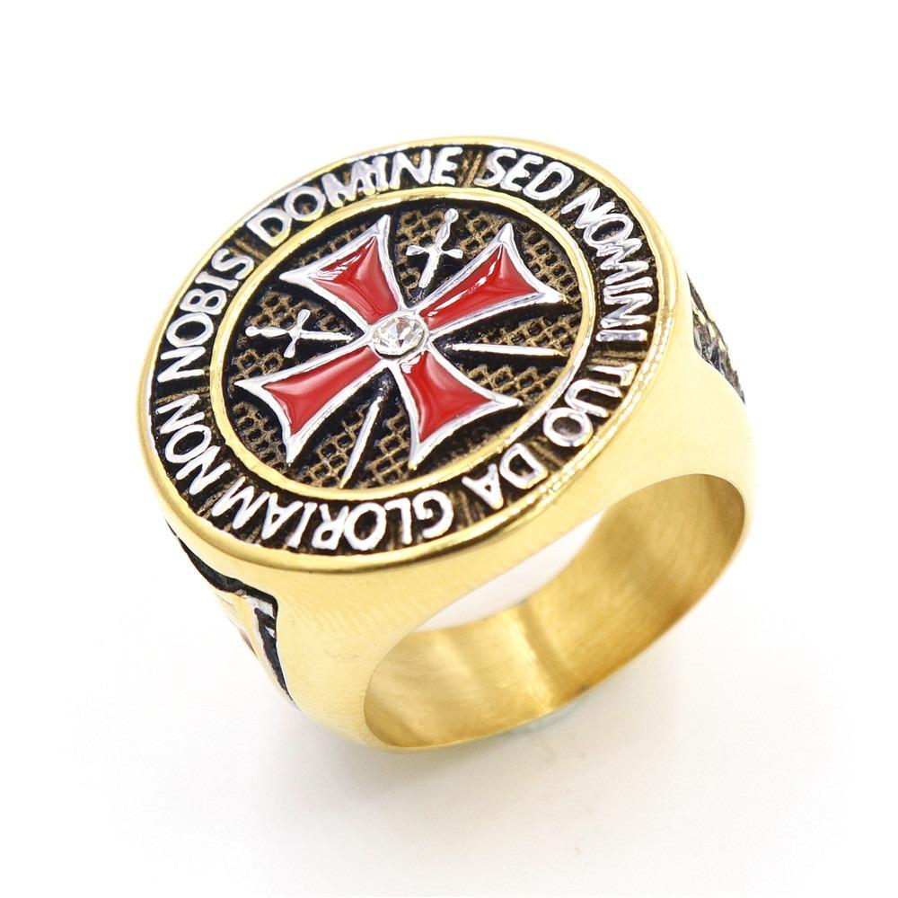Mens Gold Red Cross Ring Titanium Steel Vintage Gothic Cross Finger Ring for Men