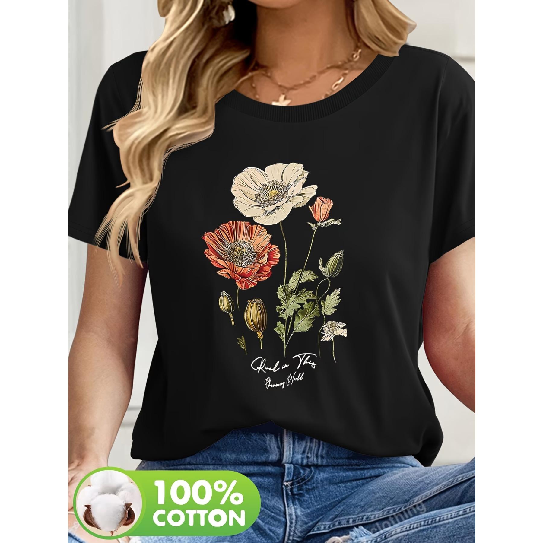 

Женская футболка с цветочным принтом - Черная с красным цветочным принтом, Дышащая повседневная летняя футболка для женщин S чёрный