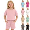 Kids Solid Color Shorts Set Drawstring Waist Pockets Crew Neck T-Shirt Casual Summer Outfit for Boys and Girls
