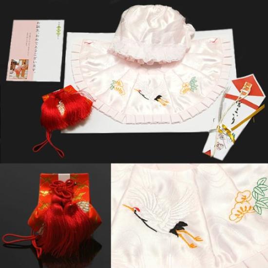 Kimono Shrine Visiting Food Set for Hood Amulet Suehiro 4 Piece Comes with Cosmetic Box [Kyoto Town] Girls, Pink, (Hat), Bib, Bag, Fan, Set, [Baby