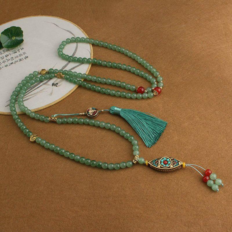 New Chinese Style Green Beaded Long Necklace for Women Ethnic Sweater Chain Retro Cheongsam National Style Crossbody Chain Ornament