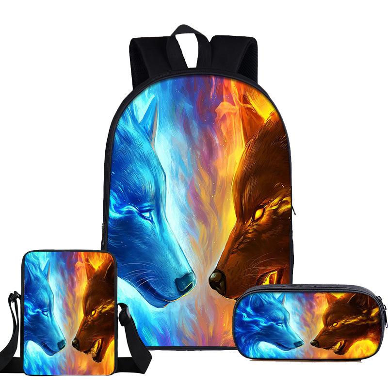 Trendy Popular Novelty wolf 3D Print 3pcs/Set pupil School Bags Laptop Daypack Backpack Inclined shoulder bag Pencil Case