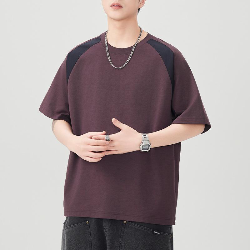 New Summer Round Neck Splicing Color-blocking Short-sleeved T-shirt for Men's Loose Japanese Five-point Sleeve T-shirt for Men