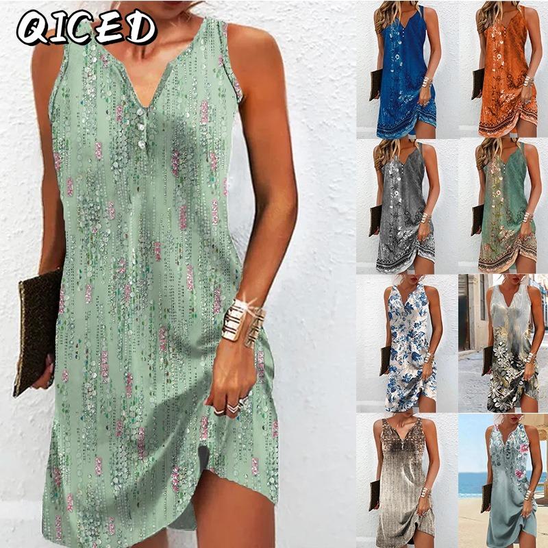 QICED Fashion Summer Spring Sleeveless V-Neck Casual Dresses