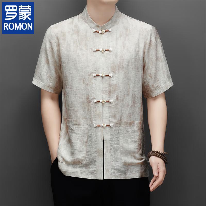 ROMON Men s Linen Blend Chinese Style Short Sleeve Shirt 185