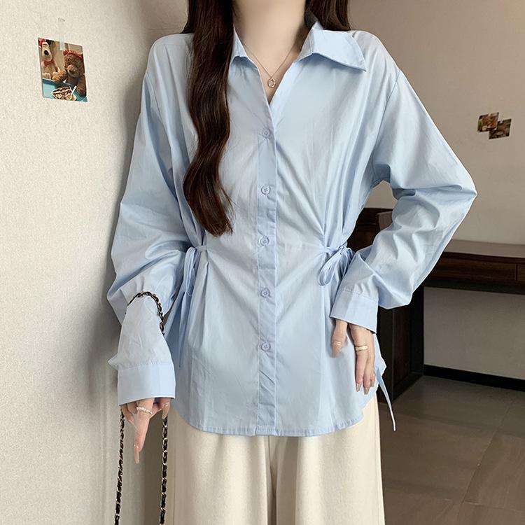 Plus Size Women s Slimming Tie-up Waist-Cinch Fashion Shirt 4XL синий