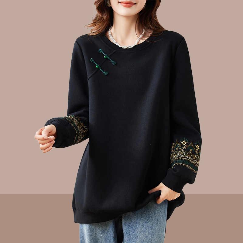 Women Loose Long Sleeve Crew Neck Pullover Sweatshirt Chinese Style Color Block Plus Size Top