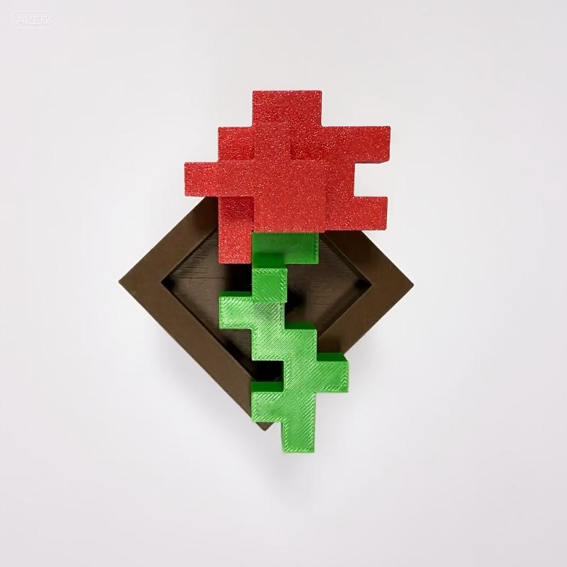 3D Printed Pixel Rose Ornament, Plastic Flower Decor for Desktop & Holiday Gifts
