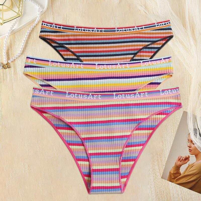 3PCS/Set Women Cotton Seamless Panties for Female Underwear Panty Sexy Colorful Striped Lingerie Letter Waist Brief