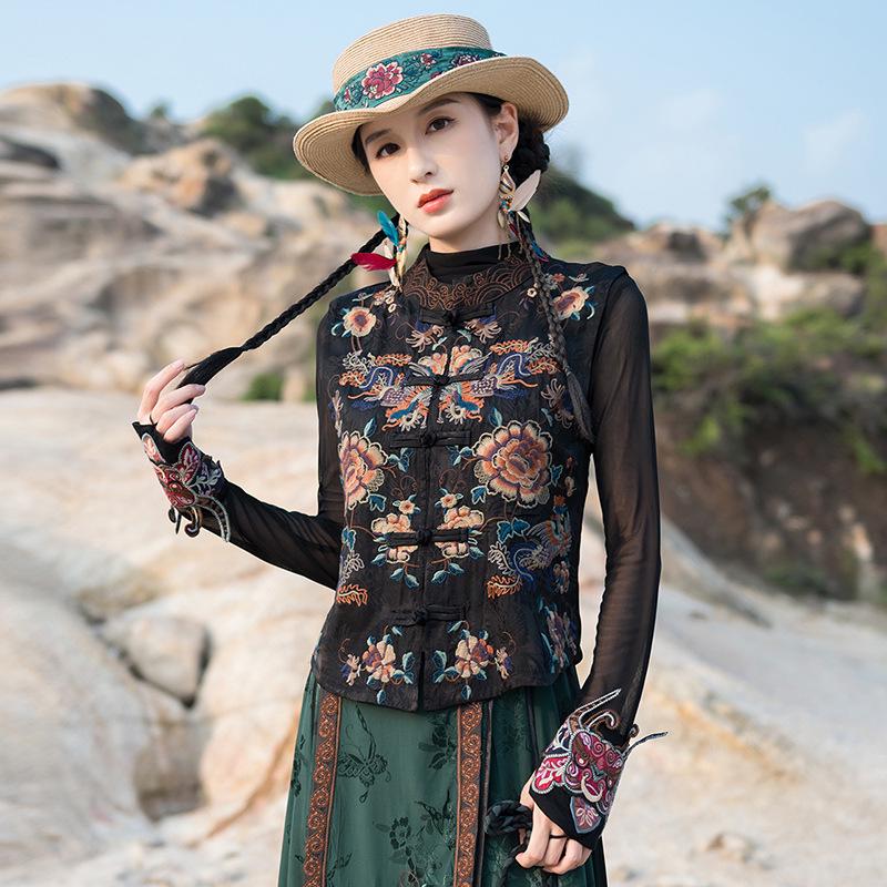 

Женский вышитый жилет в этническом стиле: Китайская куртка без рукавов с цветочным блоком и застежкой-лягушкой 3XL