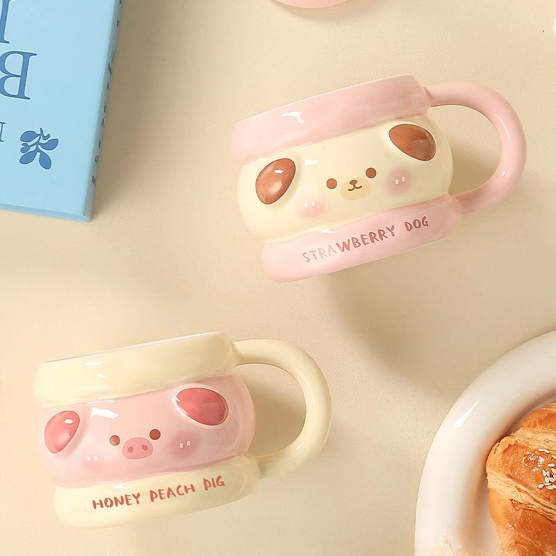 Cute Mug Ceramic Cup Girls with Lid Spoon Couple Water Cup Coffee Cup Birthday Gift Souvenir Creativity