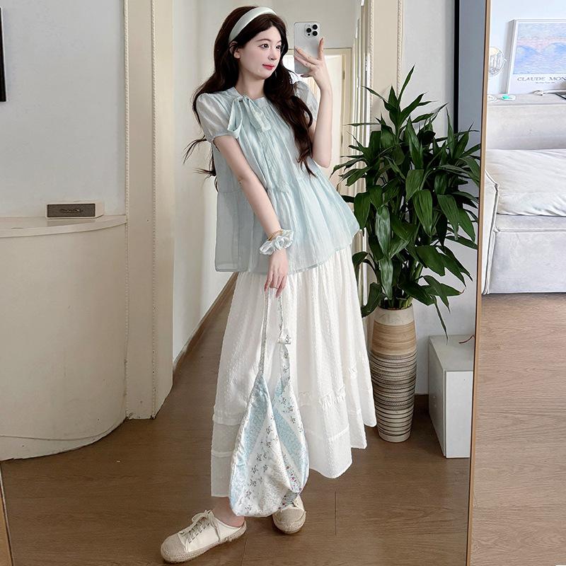 2026 Summer Puff Sleeve Bow Maternity Top & Lace Skirt Set M