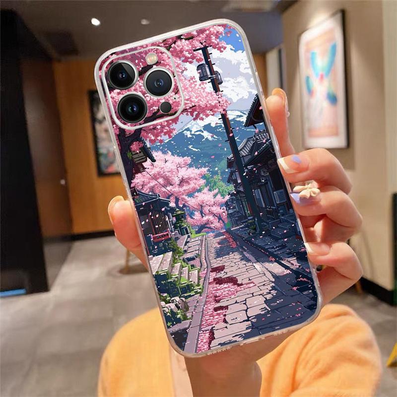 Japanese Landscape Cherry Flower Phone Case For iPhone 17 Pro Max 17 Air 16 15 14 13 Pro Max 15 16 Pro 15Plus